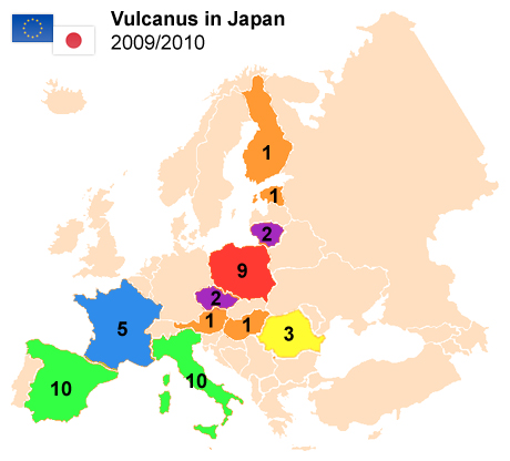 Distribuzione dei partecipanti al Vulcanus in 2009-2010 sulla cartina dell'Europa